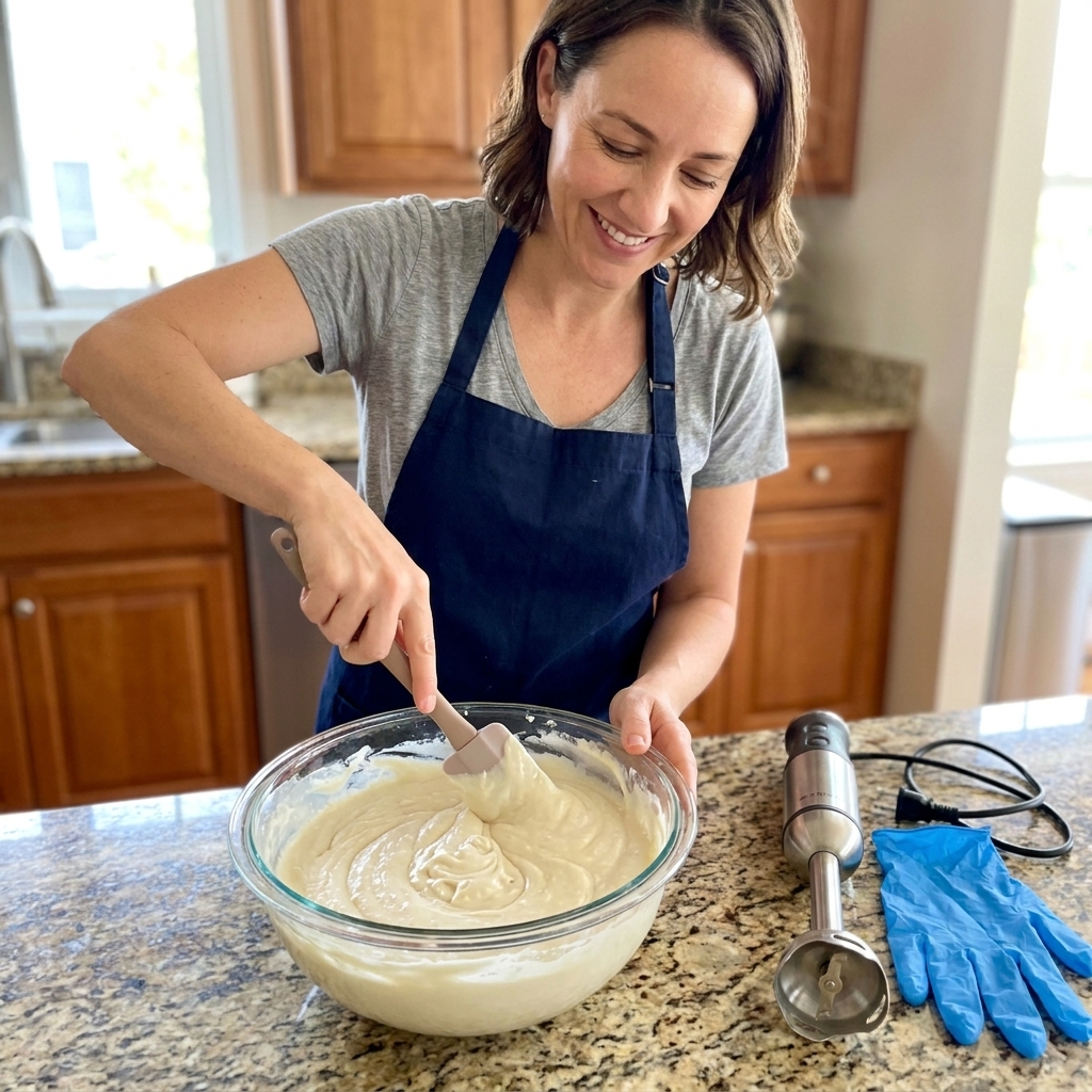 A real photo of a bowl of thickening cold-process soap batter being stirred with a spatula on a kitchen counter, with stick blender and safety gloves nearby