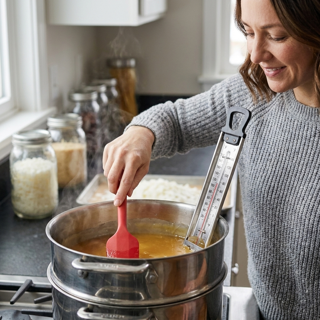 A real photo of a double boiler setup with melted wax, a metal thermometer clipped to the pot, and a hand stirring slowly with a silicone spatula