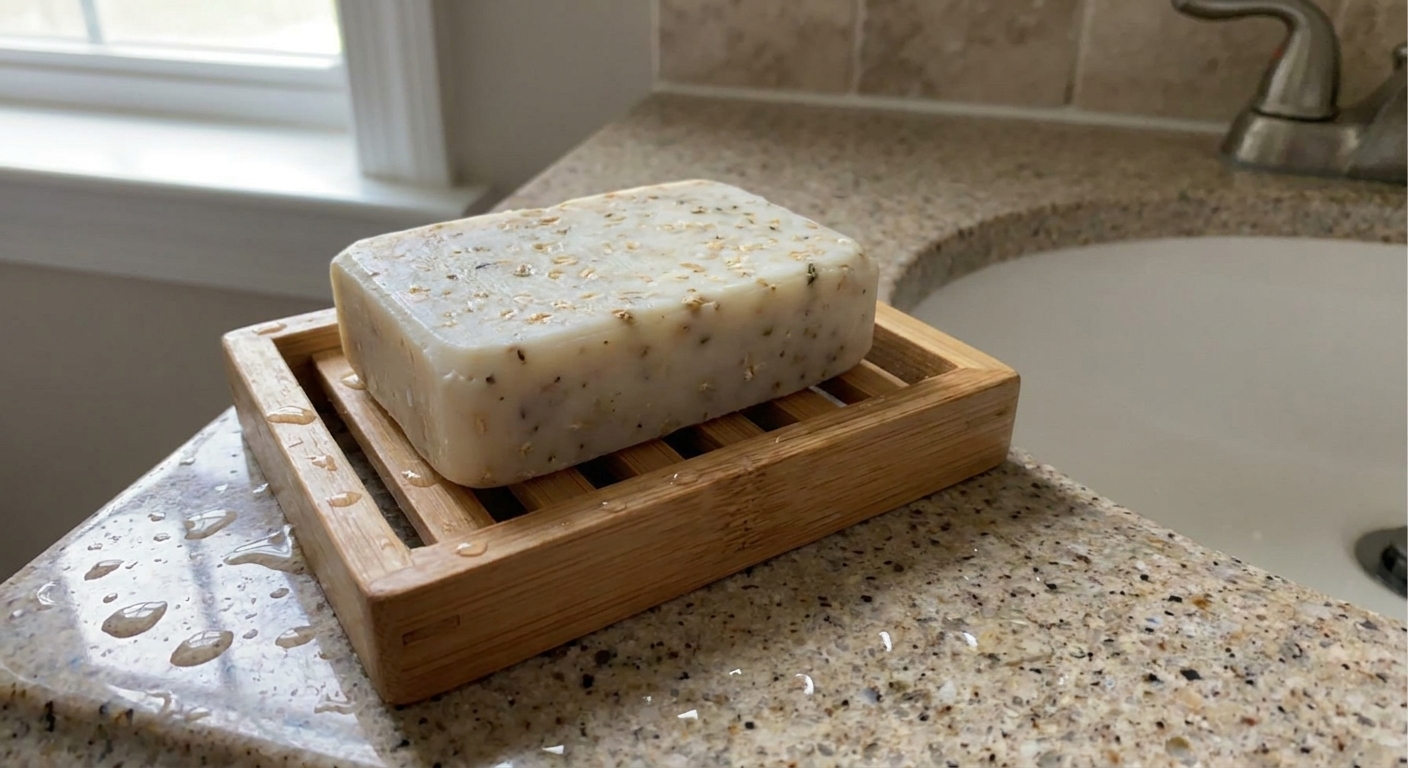 A real photo of a handmade soap bar resting on a wooden slatted soap dish beside a sink, with water droplets on the counter
