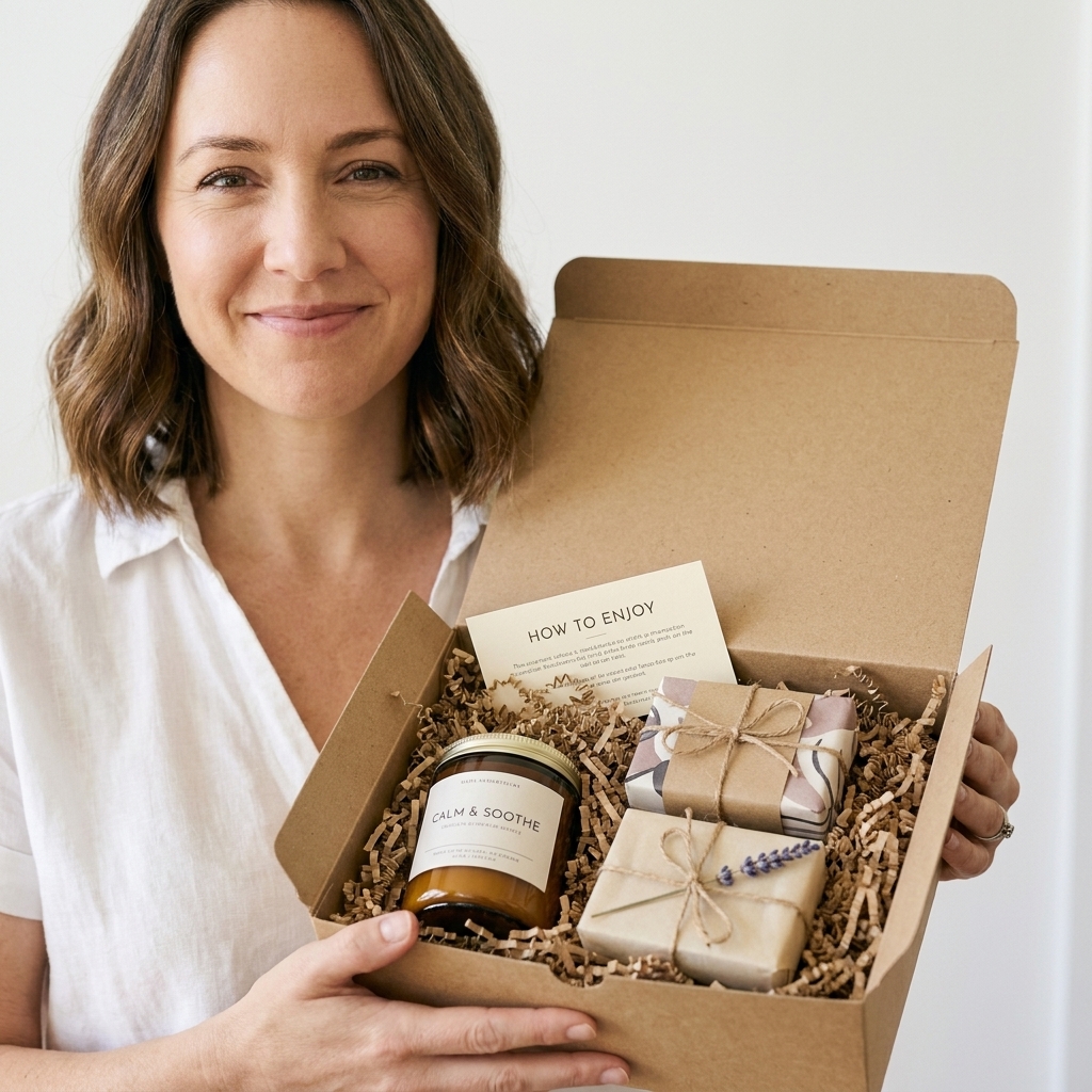 A real photo of a kraft gift box with crinkle paper holding a glass jar candle and two wrapped soap bars, with a small instruction card tucked on top