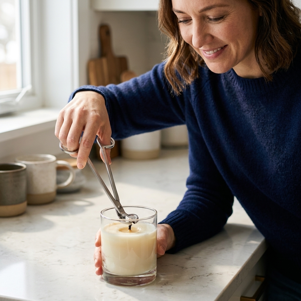 A real photo of a metal wick trimmer cutting a candle wick inside a clear glass jar candle on a countertop