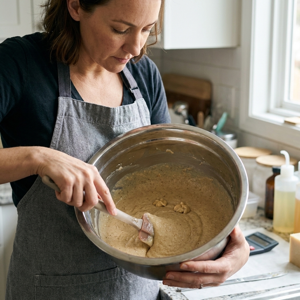 A real photograph of cold-process soap batter in a mixing bowl showing a thick, slightly grainy texture with small lumps forming near the surface
