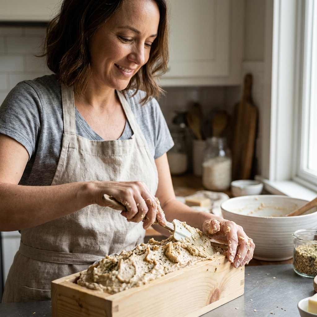 A real photograph of rustic textured soap batter packed into a rectangular loaf mold, with uneven peaks on top