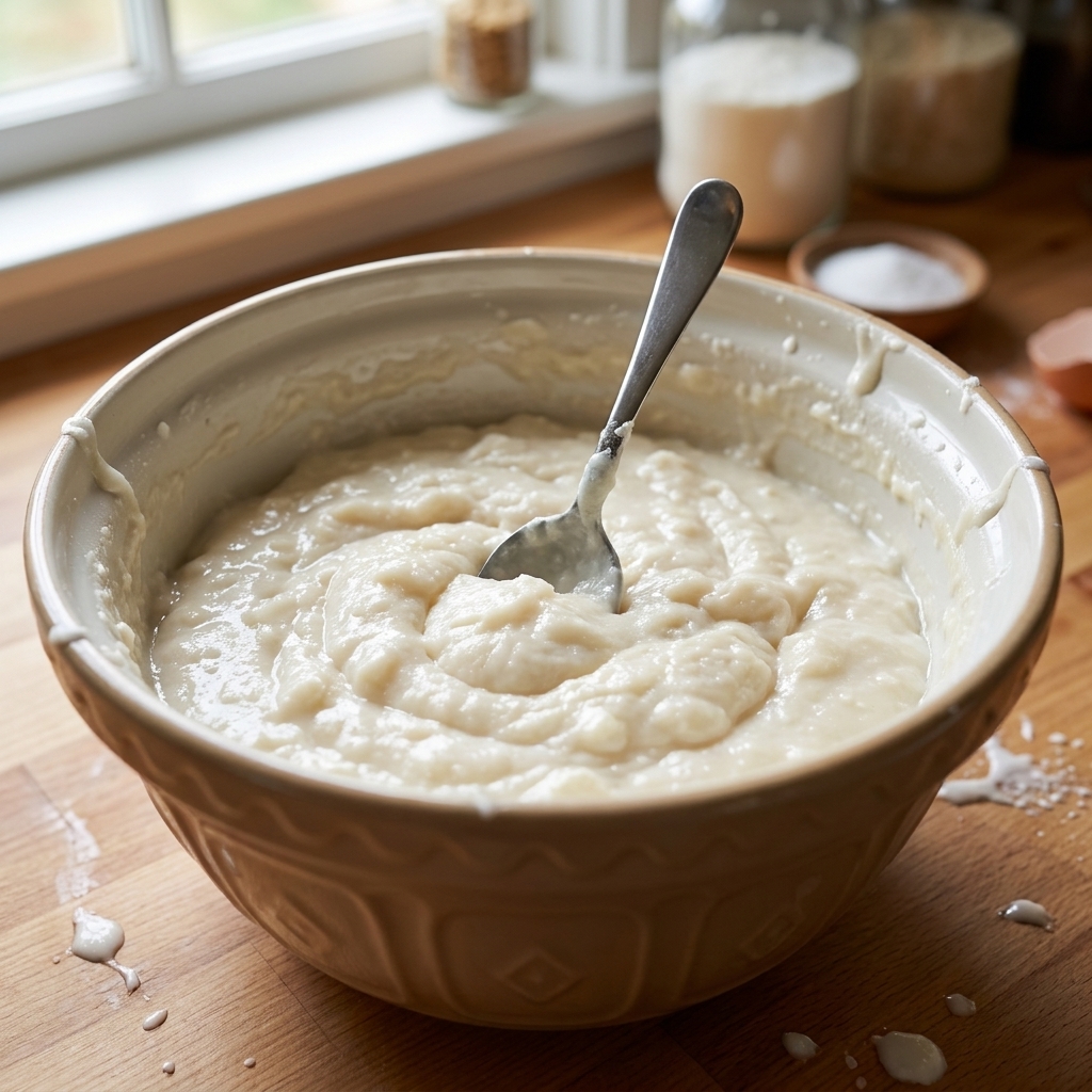 A real photograph of thick seized soap batter in a mixing bowl, with a spoon standing upright in the dense mixture