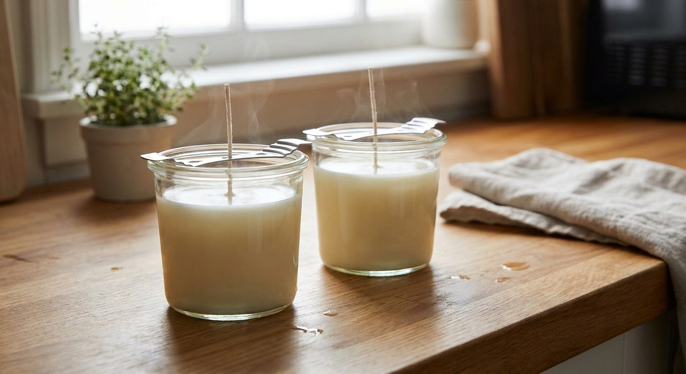 A real photograph of two freshly poured soy candles in clear glass jars with centered wicks, cooling on a countertop away from drafts