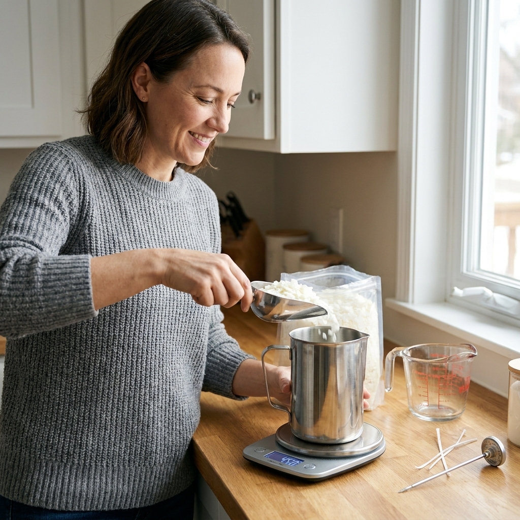A real photograph of white soy wax flakes being scooped into a stainless steel pouring pitcher next to a digital scale on a kitchen counter