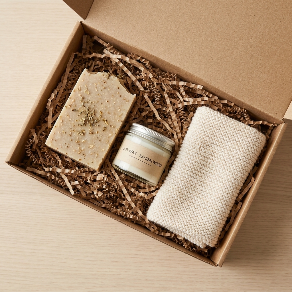 A rectangular gift box lined with kraft paper shred holding handmade soap, a small jar candle, and a folded cotton washcloth in a neutral color palette