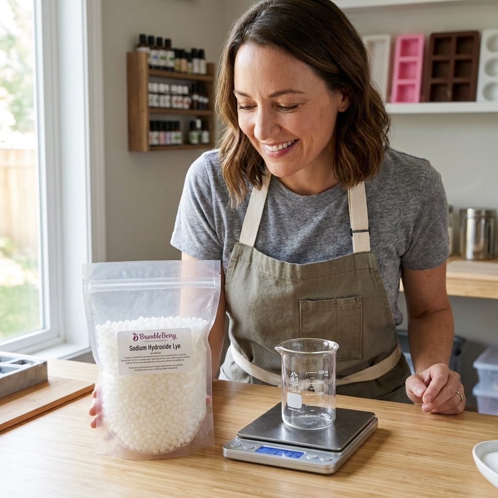 A sealed bag of sodium hydroxide pearls from a soapmaking supplier sitting on a worktable next to a digital scale