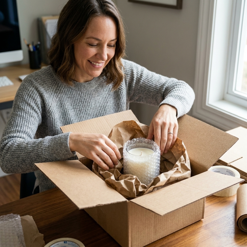 A shipping box being packed with crumpled kraft paper around a wrapped glass jar candle