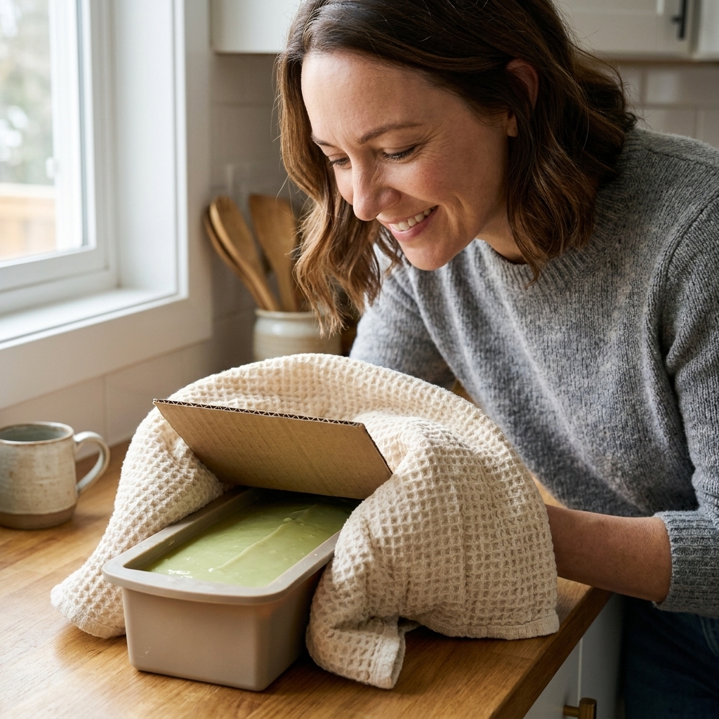 A silicone loaf mold of fresh soap on a counter covered with a piece of cardboard and wrapped in a thick kitchen towel