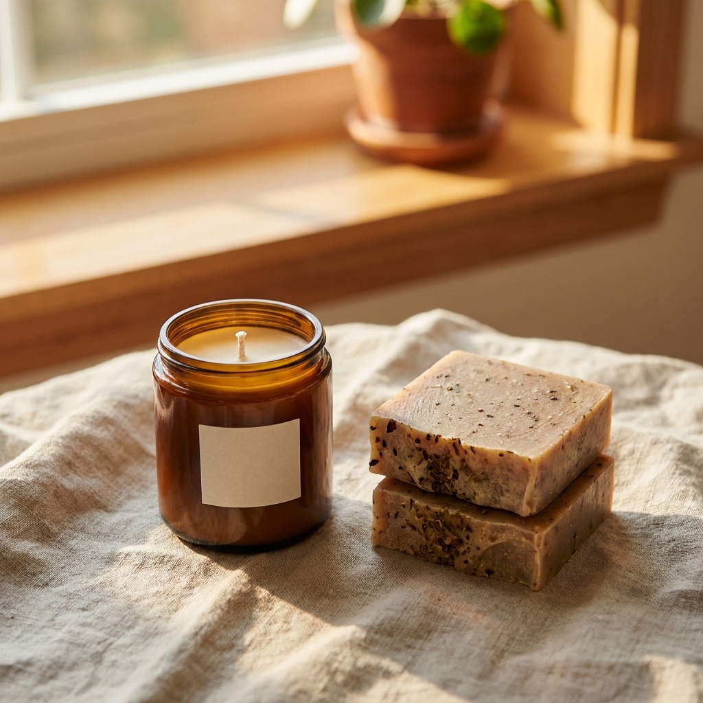 A single amber glass soy candle with a cotton wick sitting beside two cured soap bars on a linen cloth, photographed in warm natural light