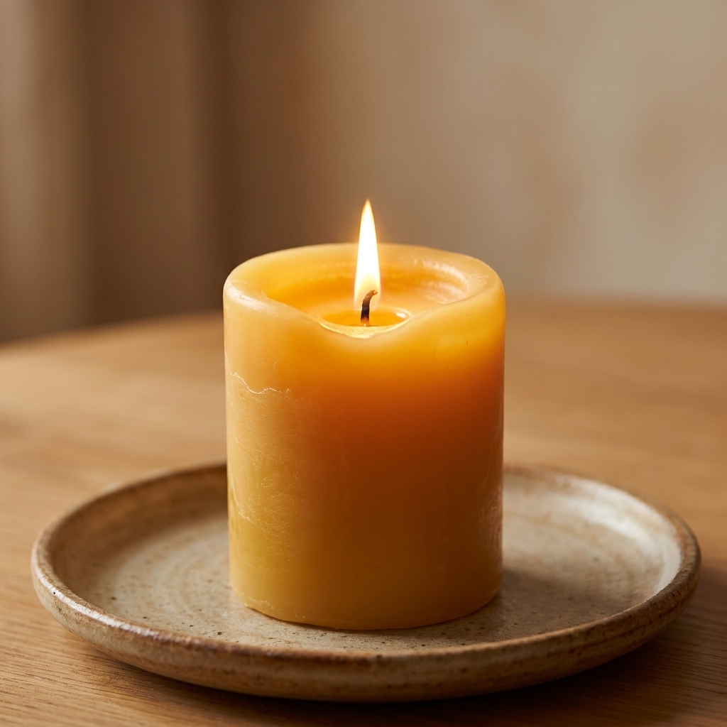 A single lit beeswax pillar candle on a ceramic plate, showing a steady flame and a warm golden glow across the wax surface