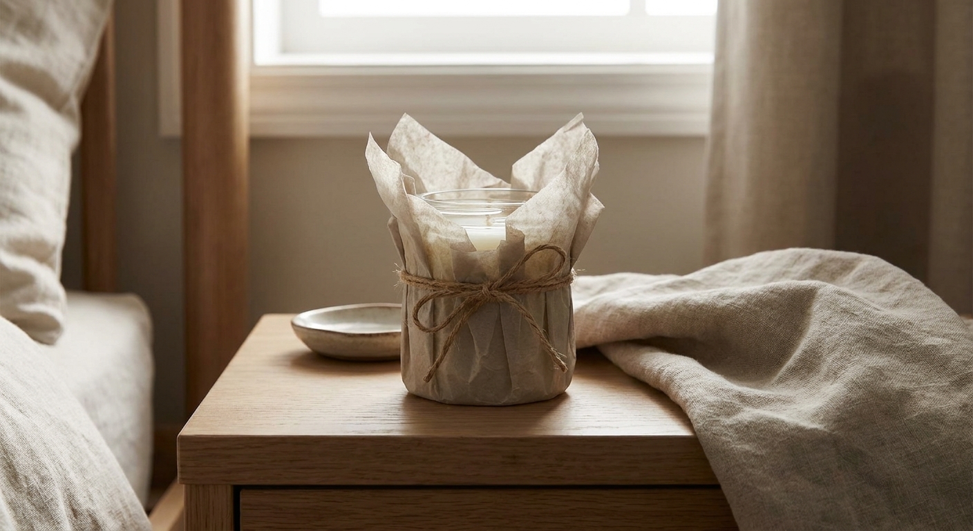 A single massage oil candle jar wrapped in neutral tissue paper and tied with twine on a bedside table beside a small dish and a linen cloth