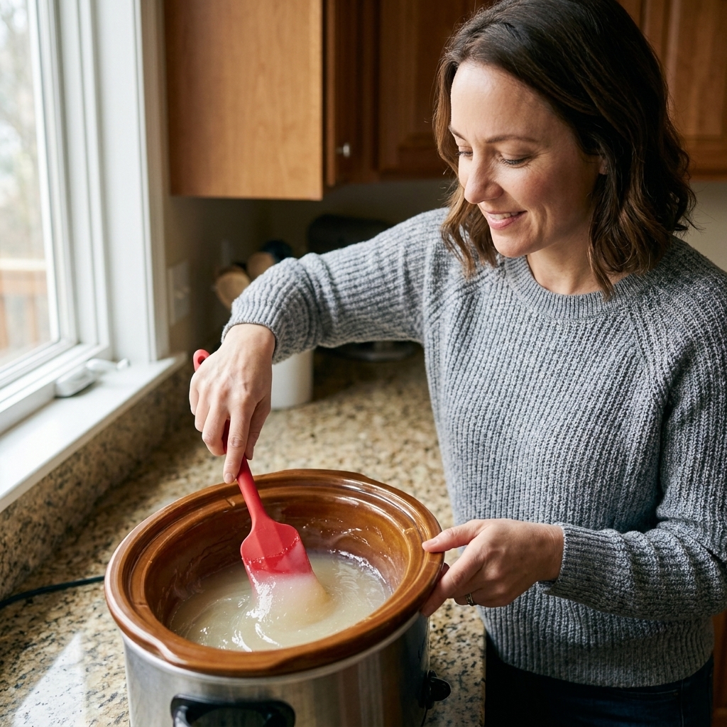 A slow cooker filled with translucent gel-like liquid soap paste at the vaseline stage being folded over with a silicone spatula