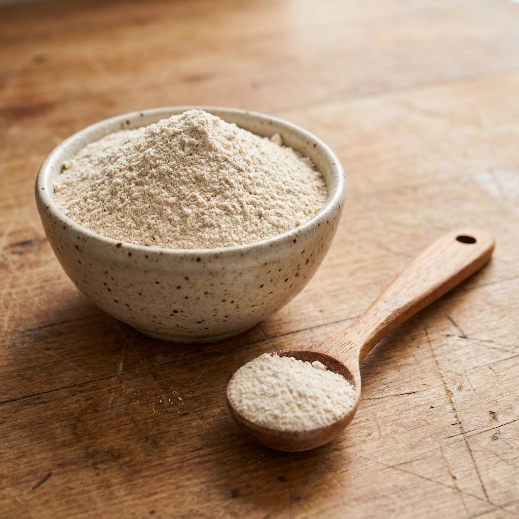 A small ceramic bowl of fine colloidal oatmeal powder with a measuring spoon beside it on a wooden work surface
