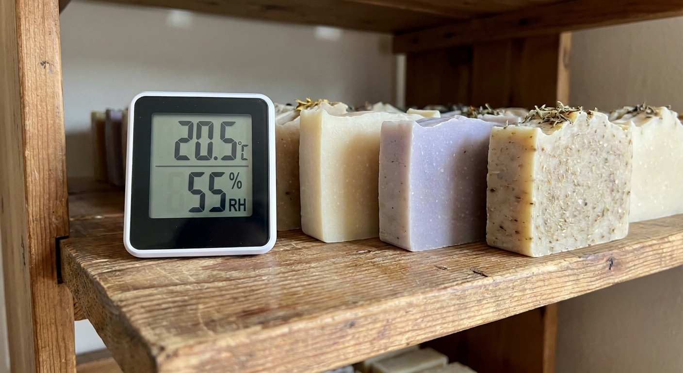 A small digital hygrometer sitting on a wooden shelf next to several curing soap bars, displaying room temperature and humidity readings