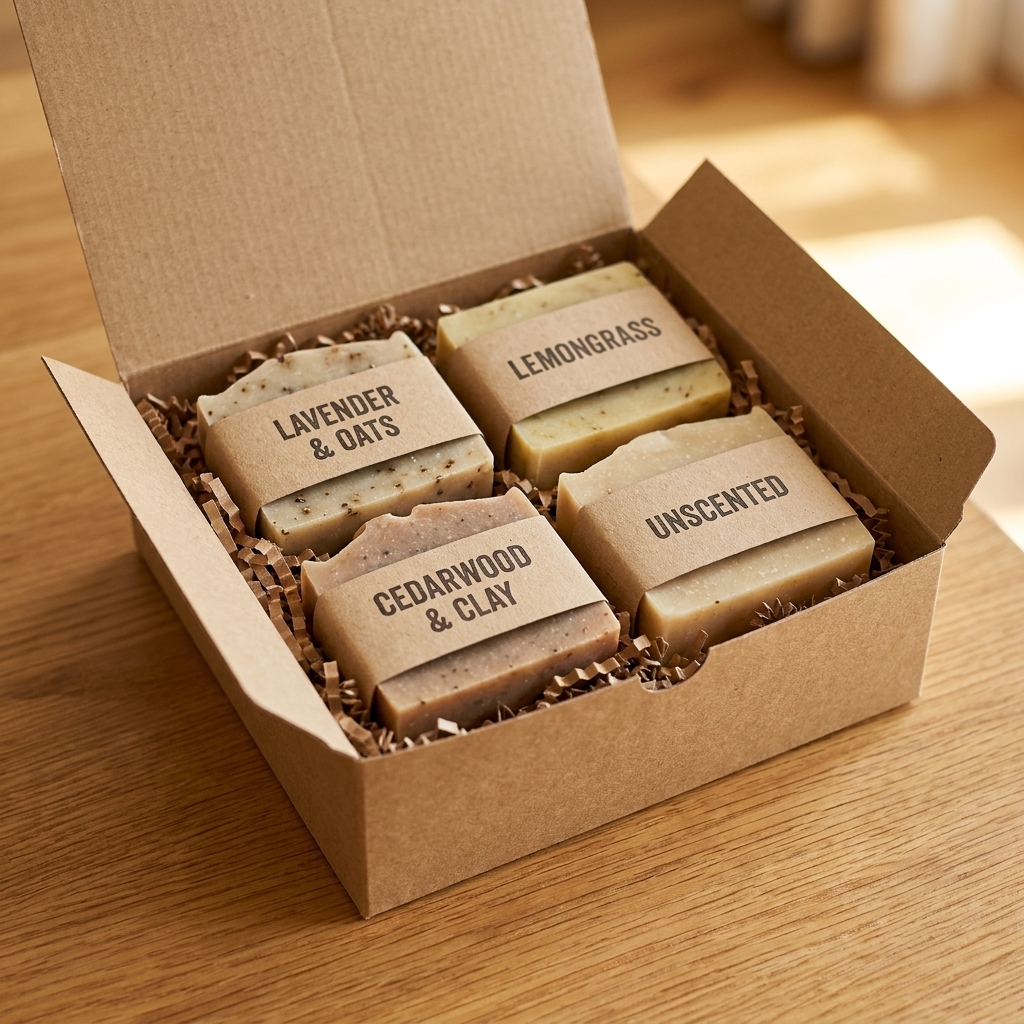 A small kraft gift box filled with paper-banded cold process soap bars and shredded paper filler on a tabletop