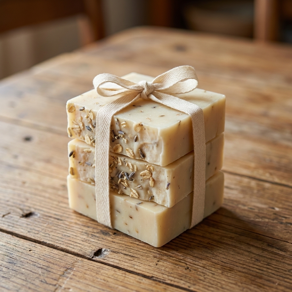 A small stack of handmade cold-process soap bars tied with a natural cotton ribbon on a wooden surface