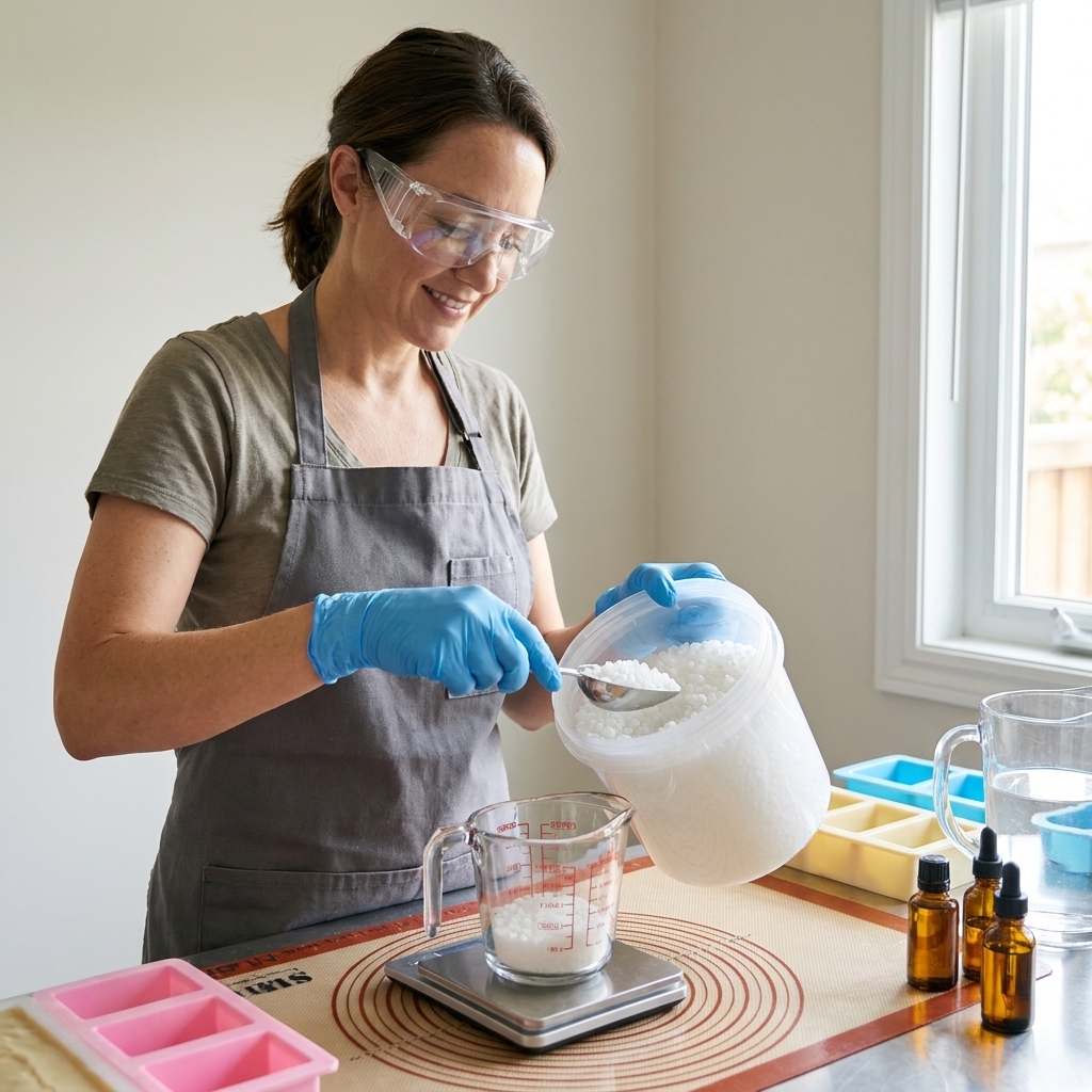 A soap maker wearing safety goggles and nitrile gloves while measuring sodium hydroxide beads into a container on a protected countertop