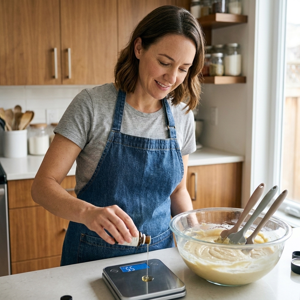 A soap maker weighing scent on a digital scale next to a bowl of traced soap batter and silicone spatulas on a kitchen counter