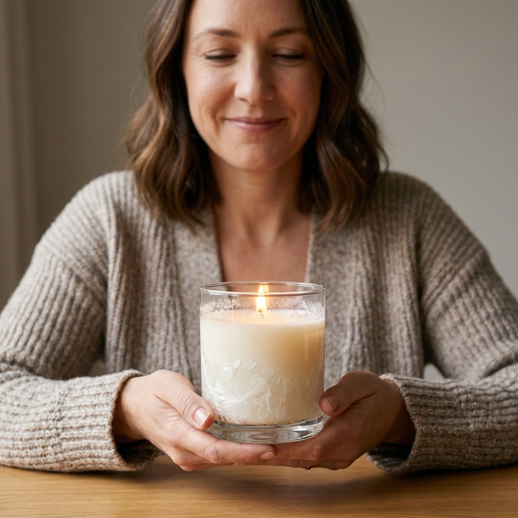 A soy wax candle in a clear glass jar showing light white frosting patterns on the surface near the edge