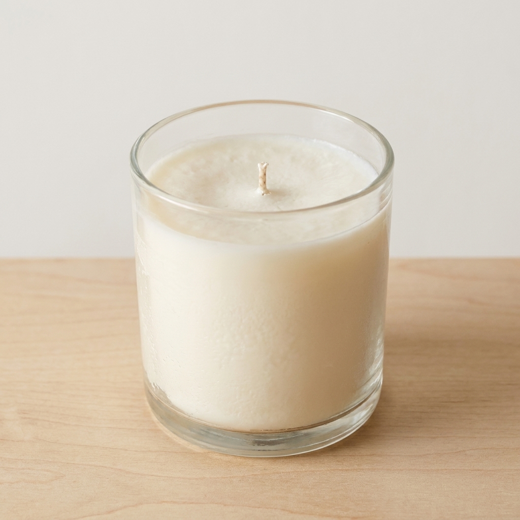 A soy wax jar candle showing a slightly bumpy, matte surface around a centered wick