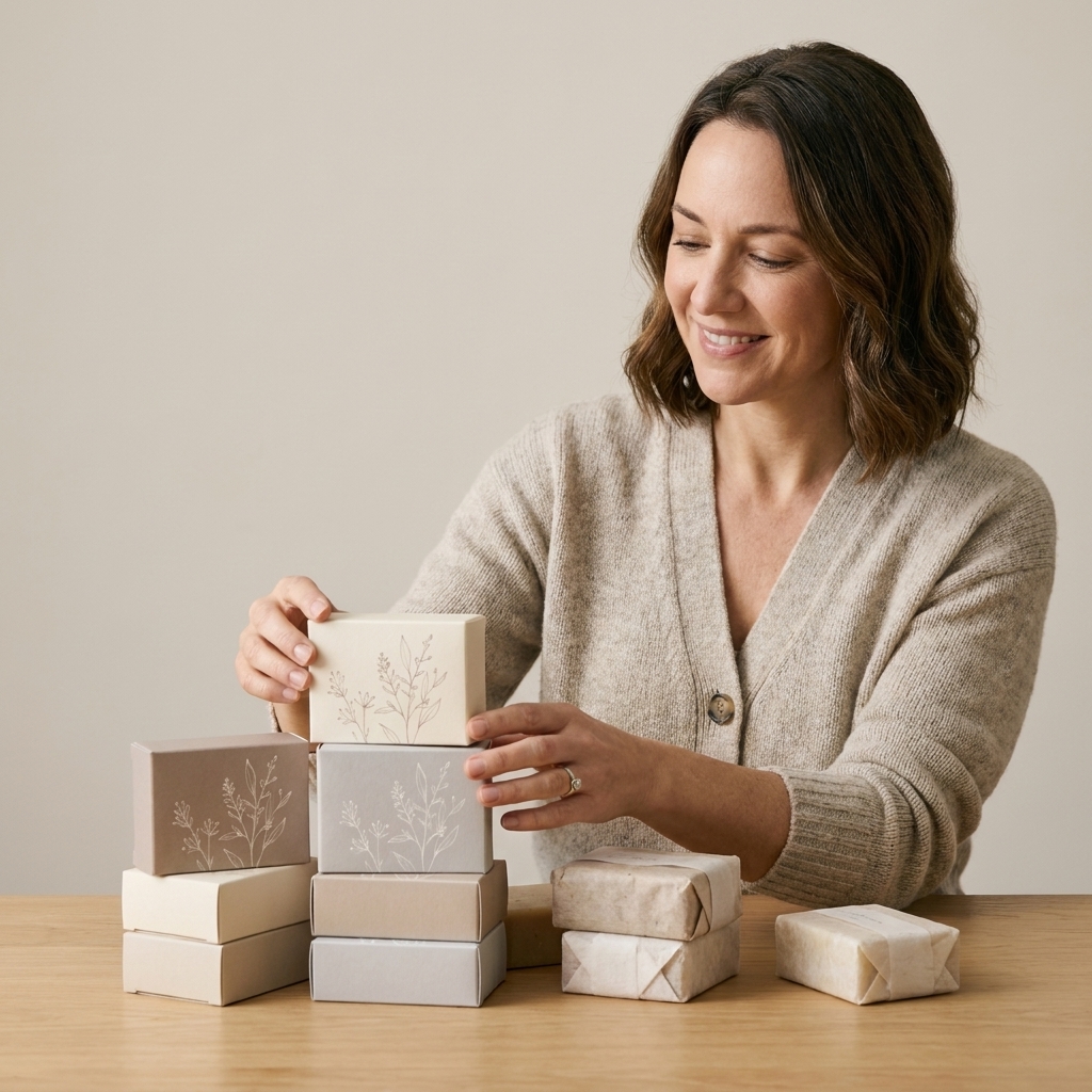 A stack of custom printed soap boxes in soft neutral colors arranged on a studio table with a few wrapped soap bars nearby