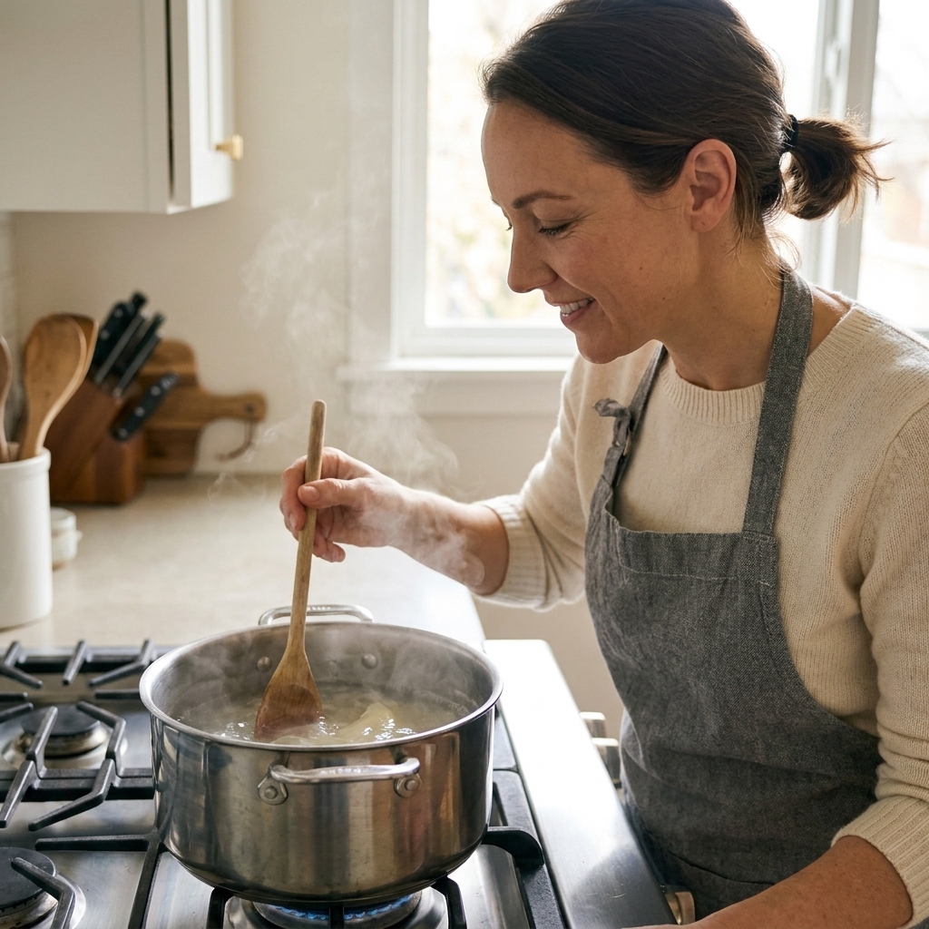 A stainless pot on a stovetop with translucent soap paste gently melting into distilled water, steam rising lightly