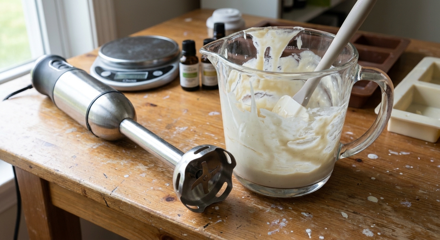 A stainless steel stick blender resting beside a heat-safe pitcher with creamy soap batter residue, photographed on a craft workspace