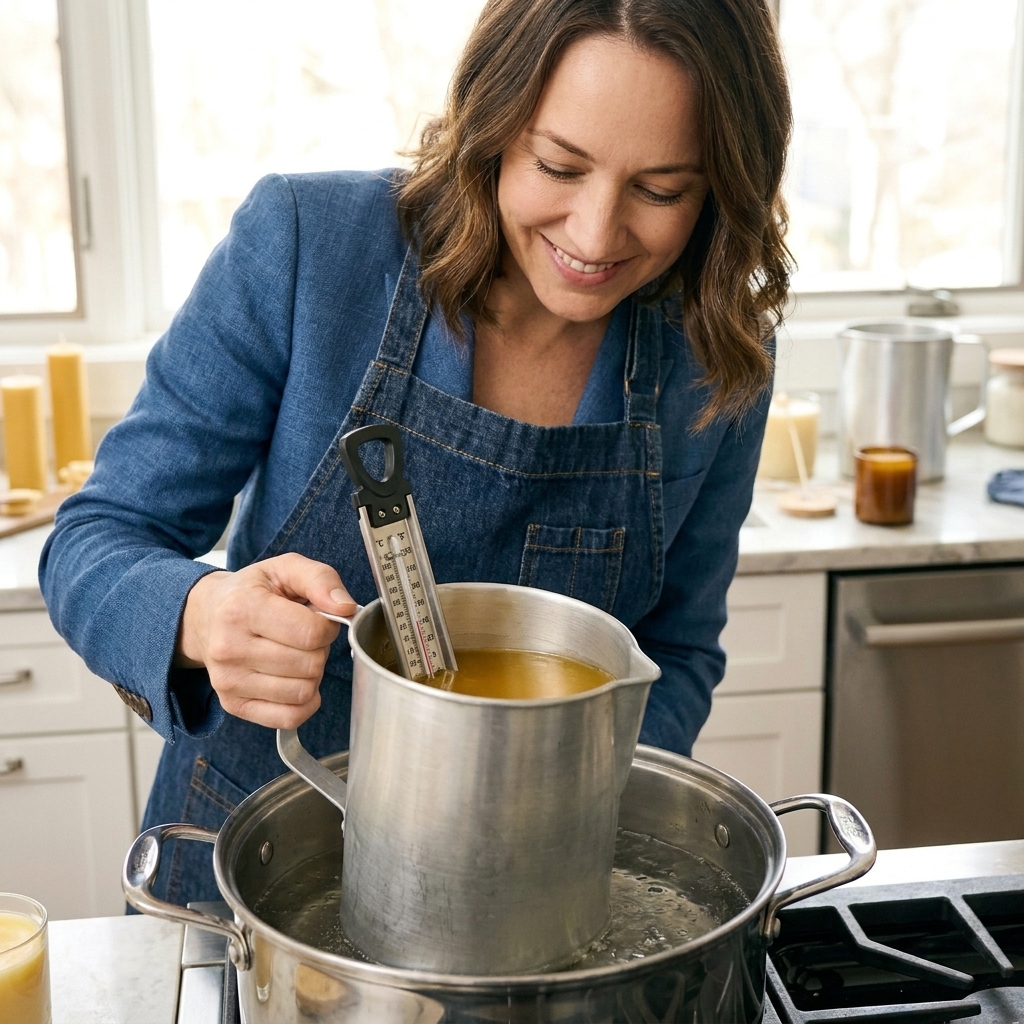 A tall metal pouring pitcher sitting in a pot of simmering water as a double boiler, filled with melted golden beeswax and a thermometer clipped to the side