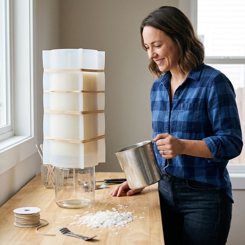 A tall silicone candle mold secured with rubber bands and standing upright in a container for stability on a workbench