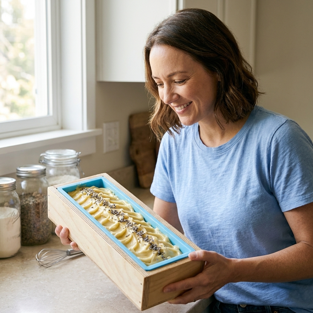 A wooden loaf soap mold with a blue silicone liner sitting on a countertop, filled with freshly poured cold-process soap batter with a textured top