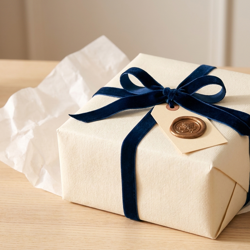 A wrapped candle gift box finished with a velvet ribbon and a wax seal on a small tag, resting beside tissue paper