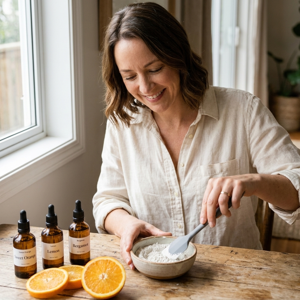 Amber bottles of citrus essential oils next to sliced oranges on a wooden table with a silicone spatula and a small bowl of white clay
