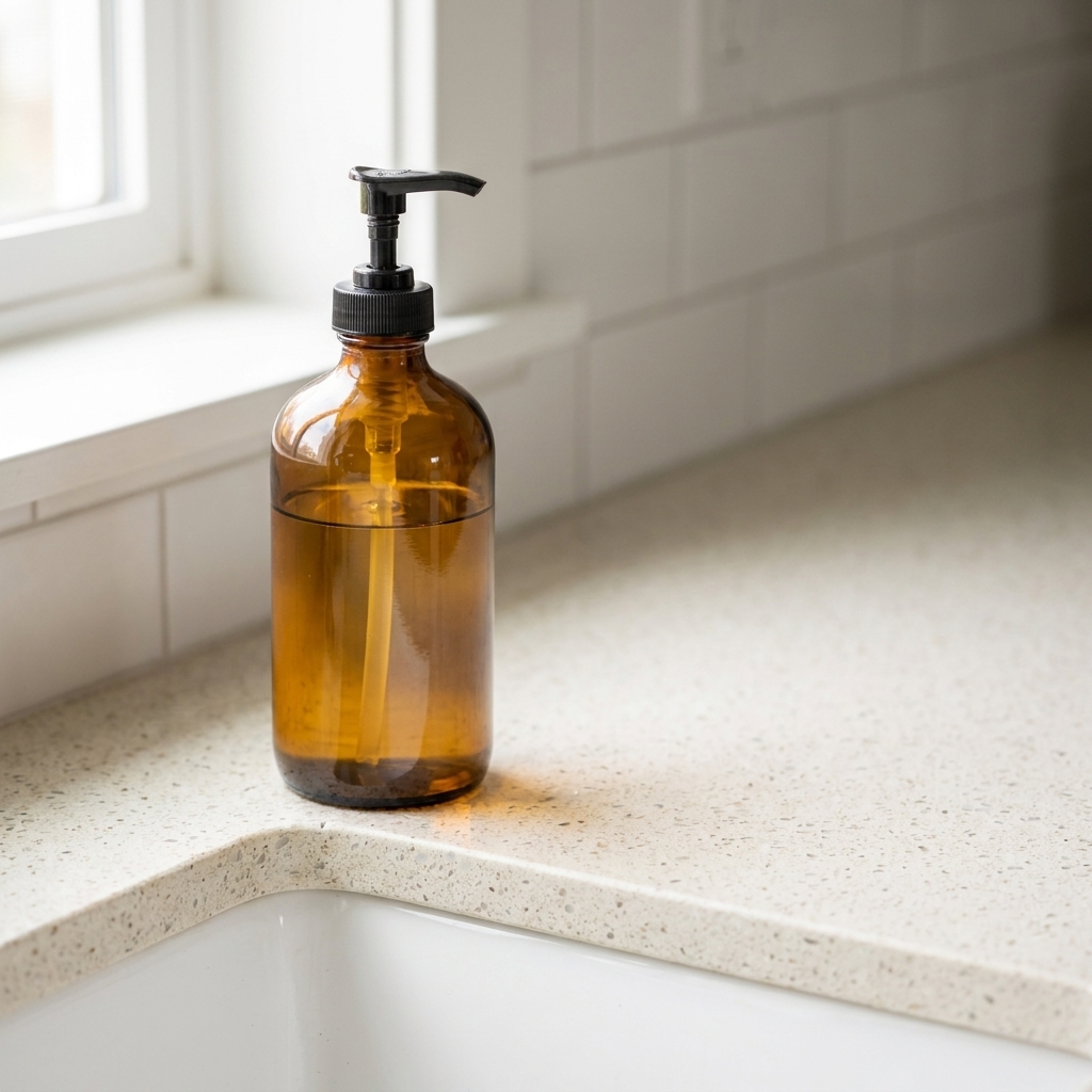 An amber glass pump bottle filled with clear golden liquid soap sitting on a bathroom counter beside a sink