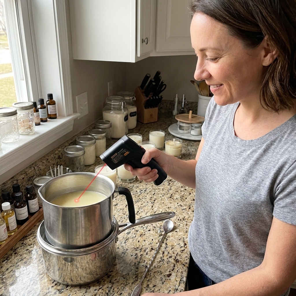 An infrared thermometer being used above a wax melting setup with a metal pouring pitcher and a stirring spoon on a kitchen counter