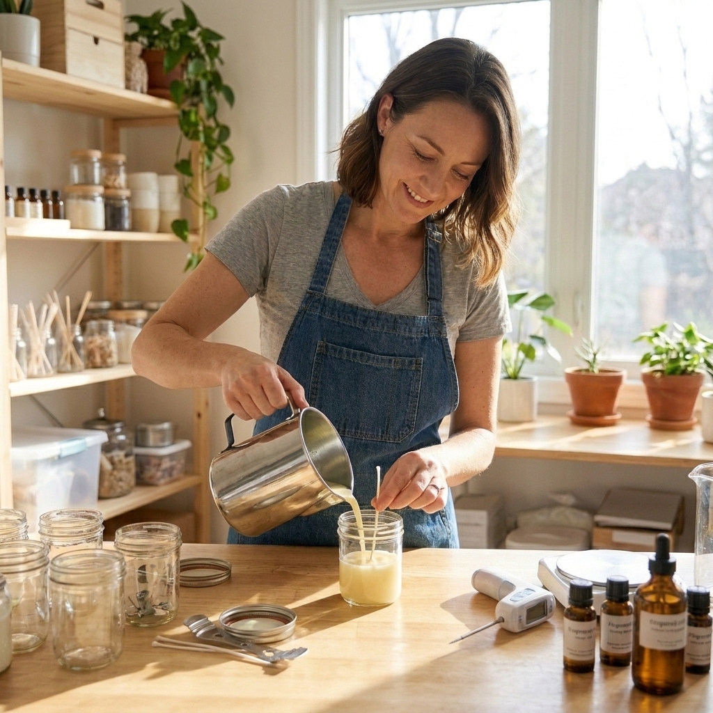 Chloe Bennett carefully centering a wick in a glass jar candle while pouring warm wax from a metal pitcher on a tidy wooden work surface