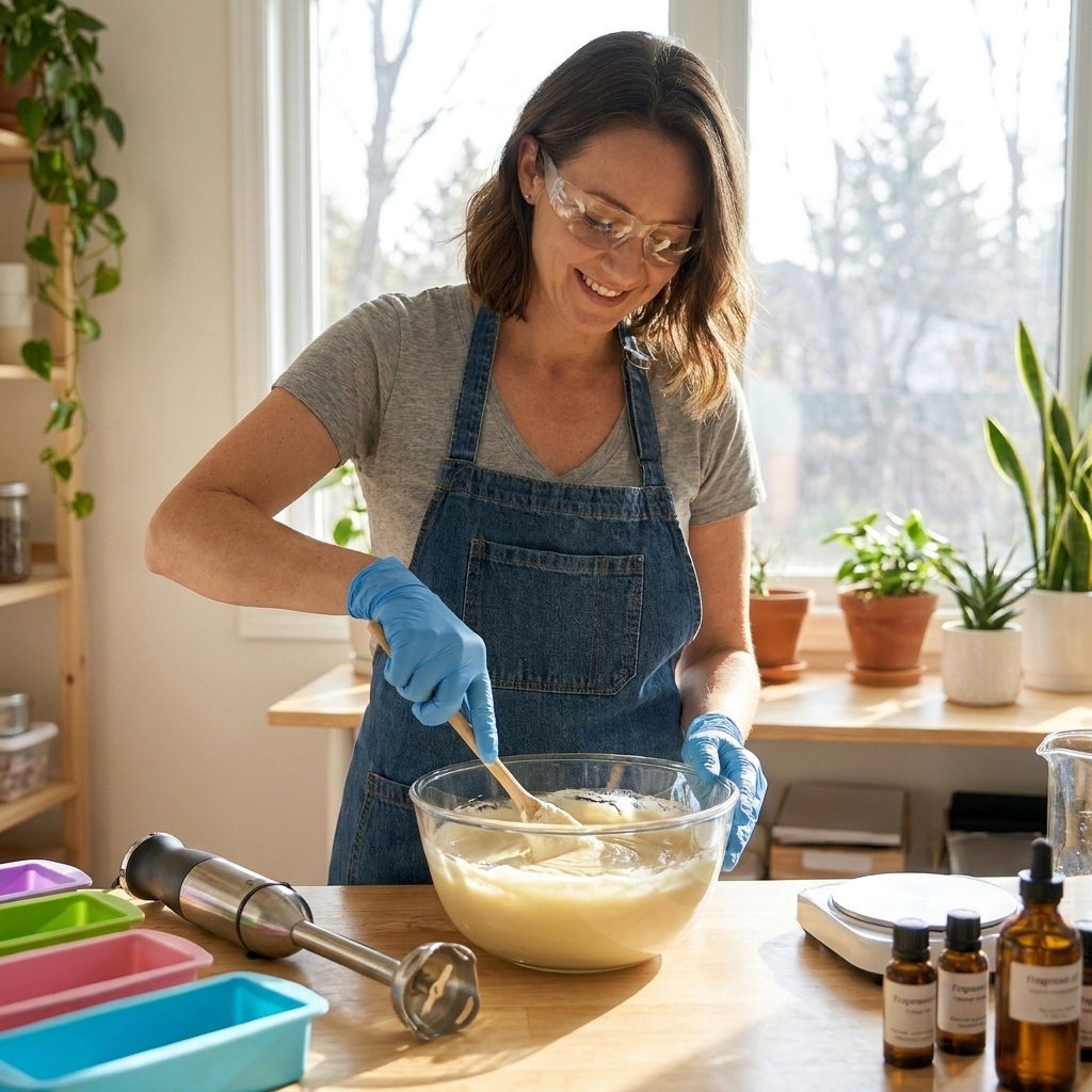 Chloe Bennett wearing safety glasses and gloves while stirring a bowl of soap batter on a kitchen counter with silicone molds and a stick blender nearby