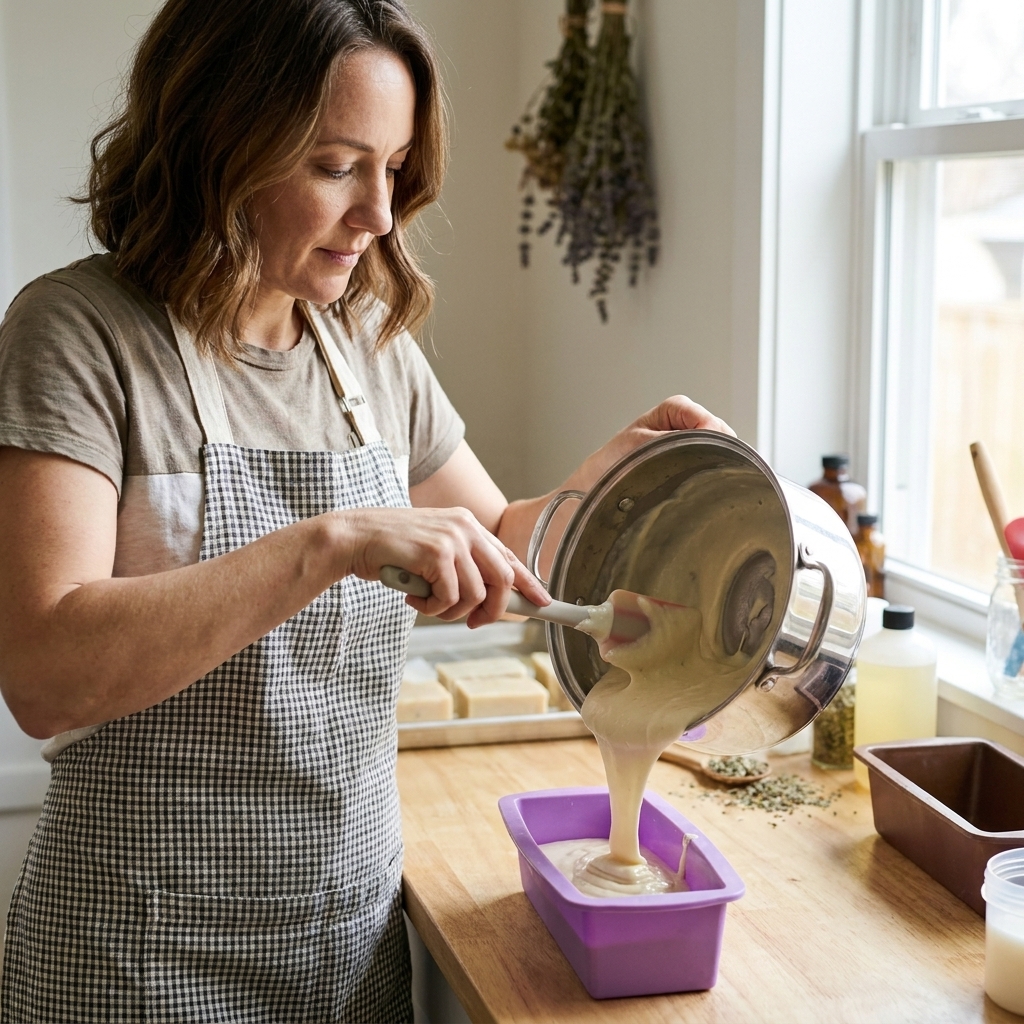 Creamy goat milk soap batter being poured from a soap pot into a silicone loaf mold on a countertop, with a spatula scraping the last of the batter