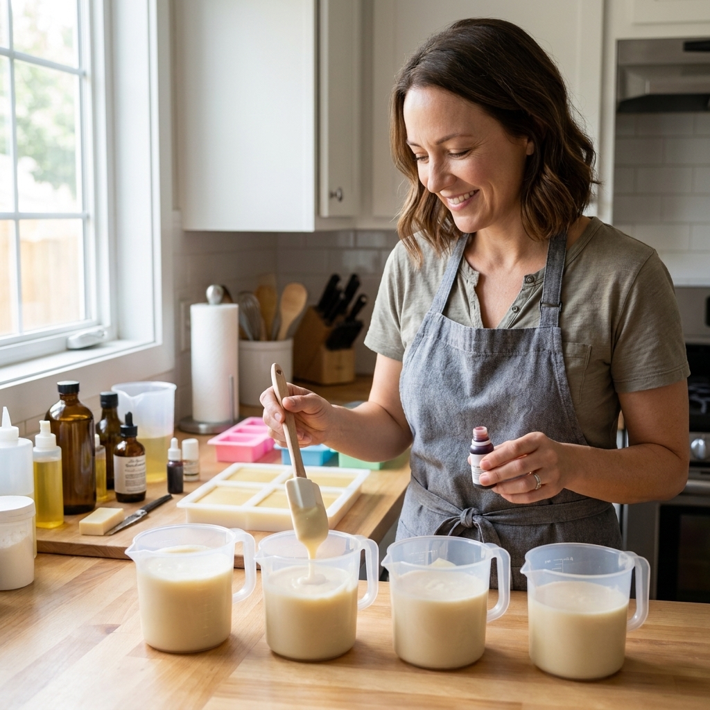 Four small pitchers filled with soap batter on a countertop, each ready to be colored for layered cold-process soap
