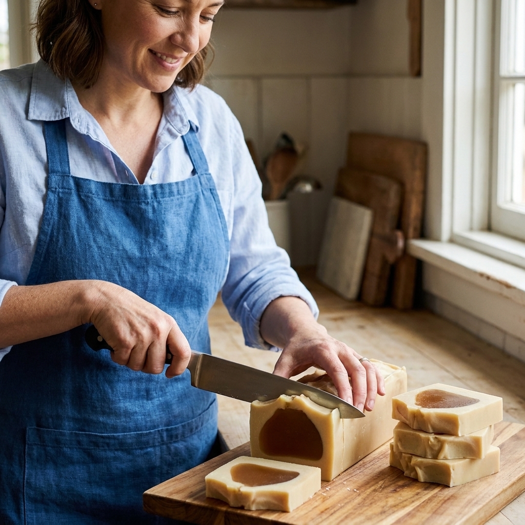 Freshly cut cold process soap bars on a cutting board showing a darker gelled center and lighter opaque edges