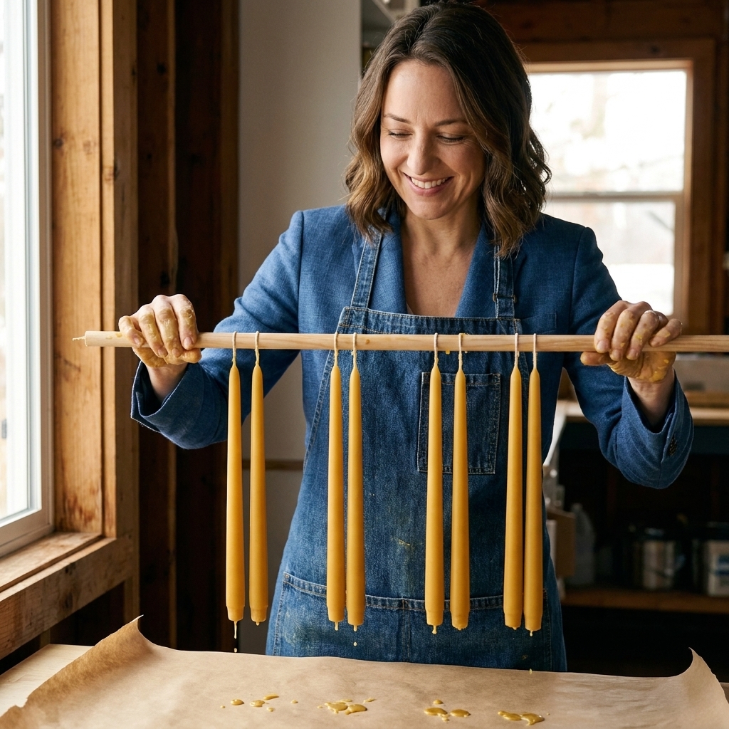 Freshly dipped beeswax taper candles hanging straight from a wooden rod to cool, with small golden wax drips on paper below