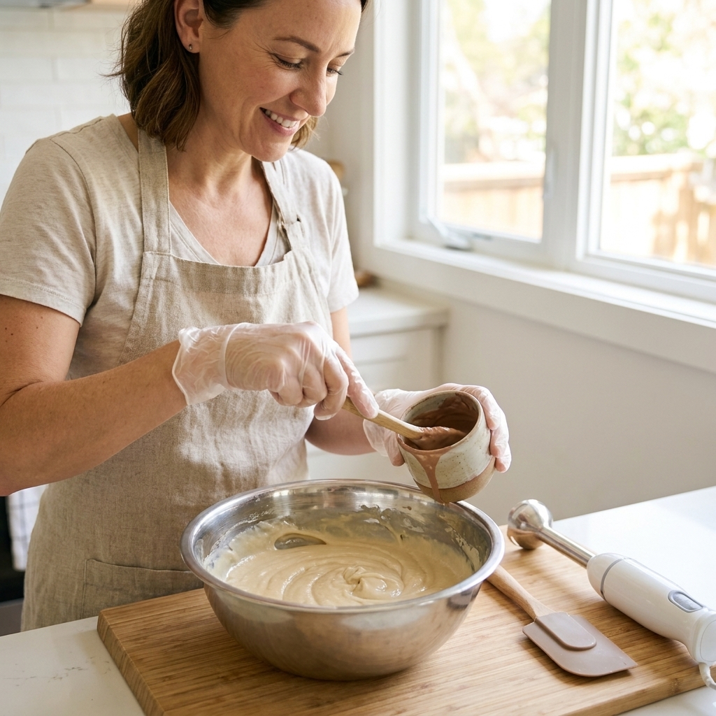 Gloved hands stirring a small cup of clay slurry into soap batter in a mixing bowl, with a spatula and stick blender resting nearby