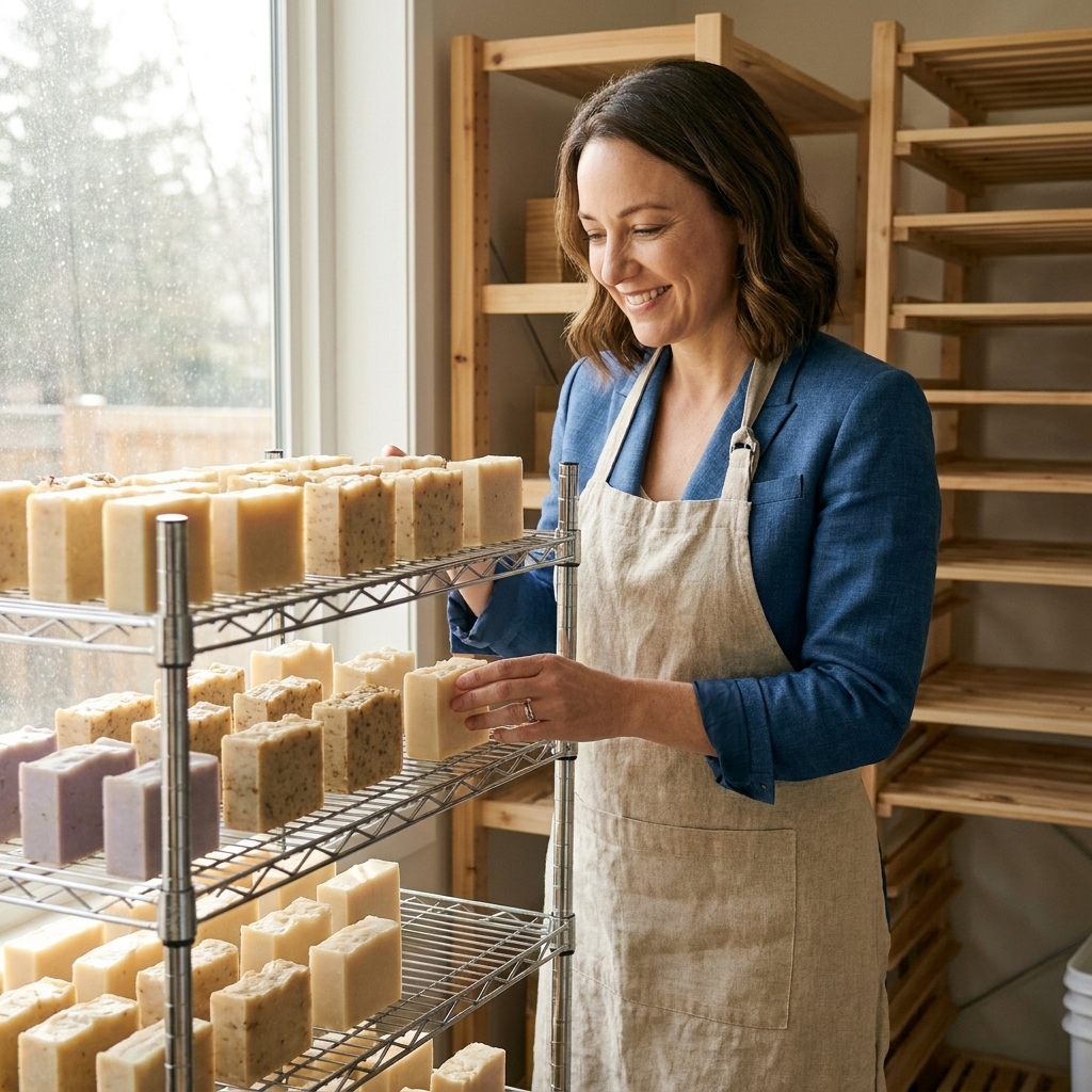Handmade cold process soap bars arranged on wire racks in a well-ventilated room, with space between bars for airflow