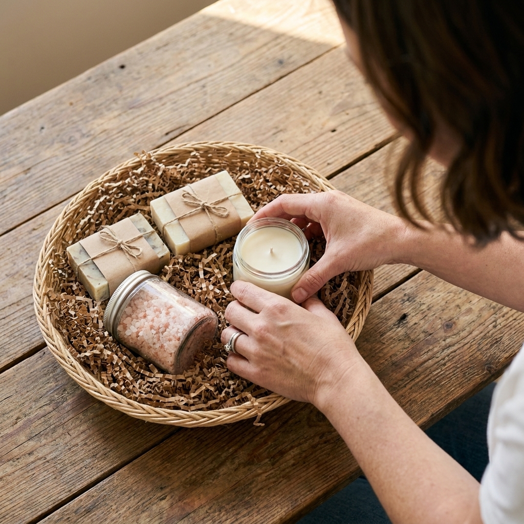 Hands arranging a soy candle, soap bars, and bath salts inside a shallow woven basket with paper filler, photographed mid-action on a wooden table