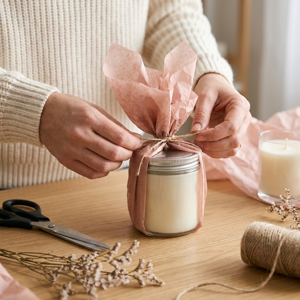 Hands gathering blush tissue paper around a lidded glass jar candle and tying it near the top, close-up on a craft table