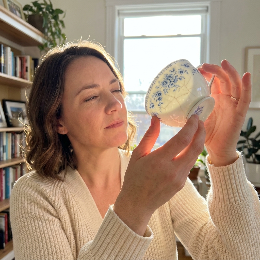 Hands holding a vintage porcelain teacup up to the light to check for fine cracks in the ceramic