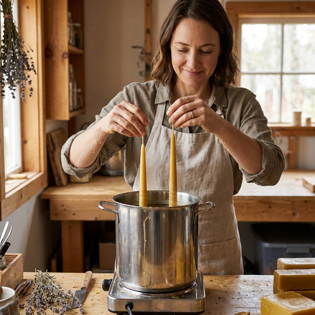 Hands lowering a pair of partially built beeswax tapers into a tall pot of melted beeswax, with thin wax layers visible and a calm workshop setup