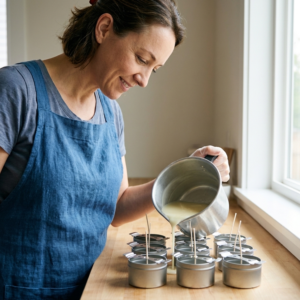 Hands pouring melted soy wax from a pouring pitcher into small metal candle tins lined up on a countertop, with centered wicks held upright