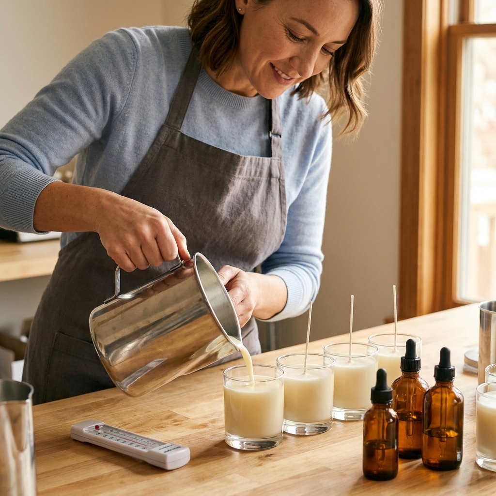 Hands pouring melted soy wax into glass jars on a work table with a thermometer and fragrance bottles nearby
